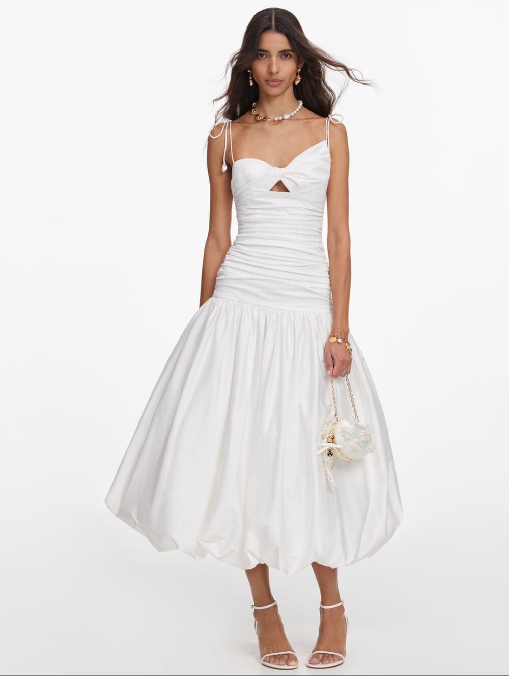 Self Portrait White Cotton Gathered Midi Dress